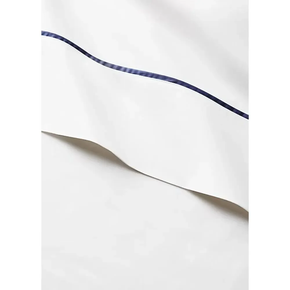 New Flawed Ralph Lauren Organic Cotton Percale Queen Flat Sheet White/Polo Navy
